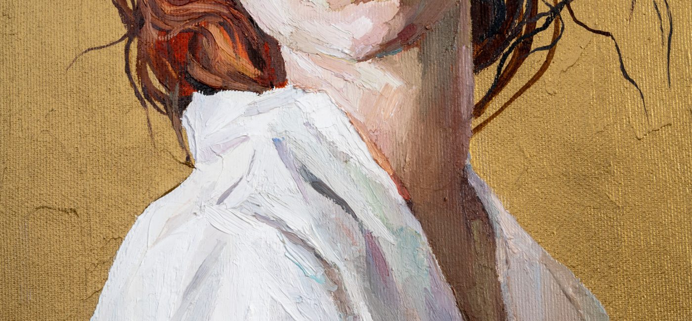 Oil painting. Fragment of  portrait of a  red-haired  girl on a gold background. The art is done in a realistic manner.