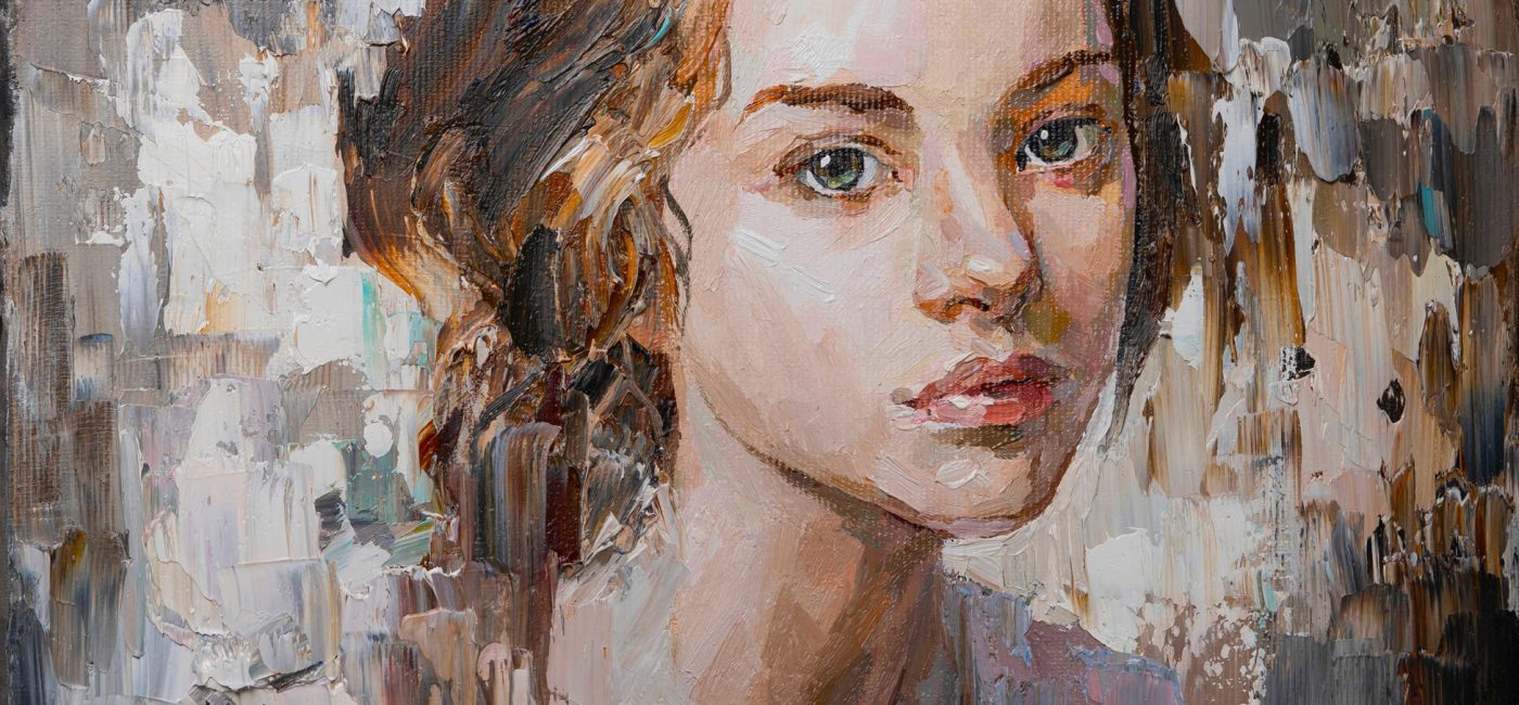 Portrait of a young, dreamy girl with curly brown hair. Palette knife technique of oil painting and brush.